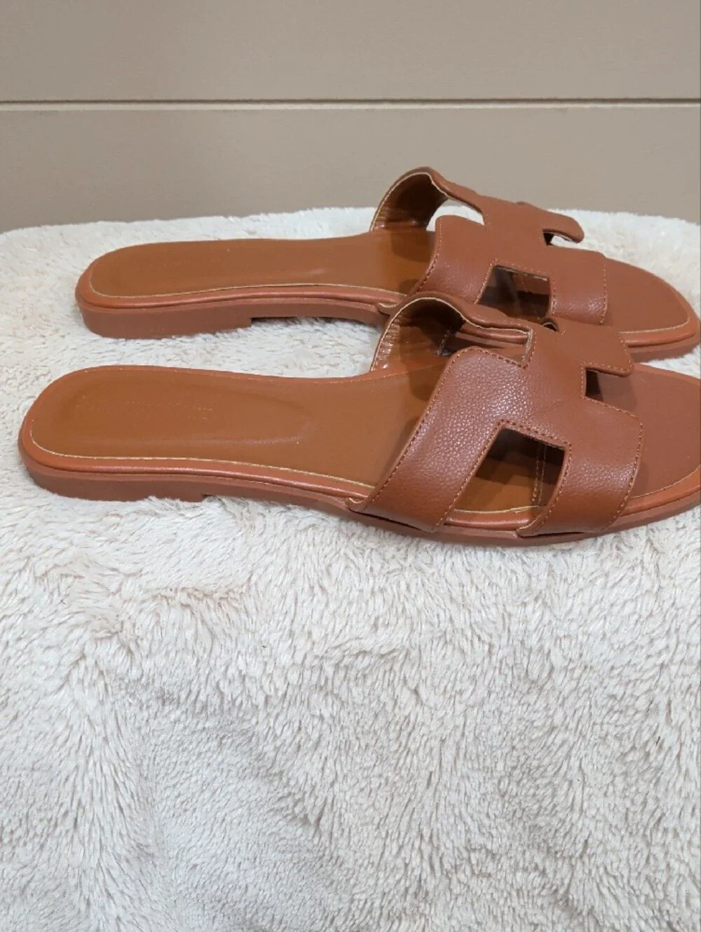 Women's Tan Leather Slide Sandals